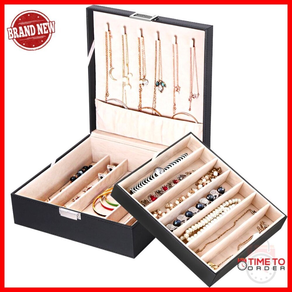 2-Layer Jewelry Organizer Box with 12 Compartments and 6 Hooks